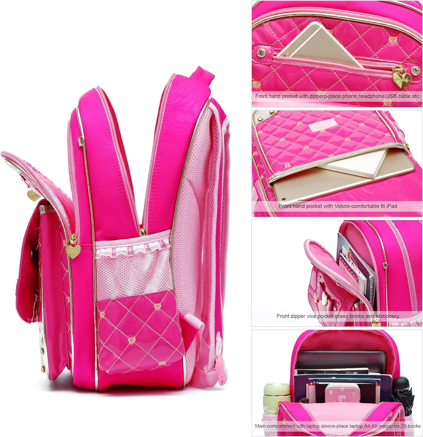 AO ALI VICTORY Backpack for Girls, Waterproof Kids Backpacks School Bag Toddler Bookbags Cute Travel Daypack (Large, A-Rose Red)