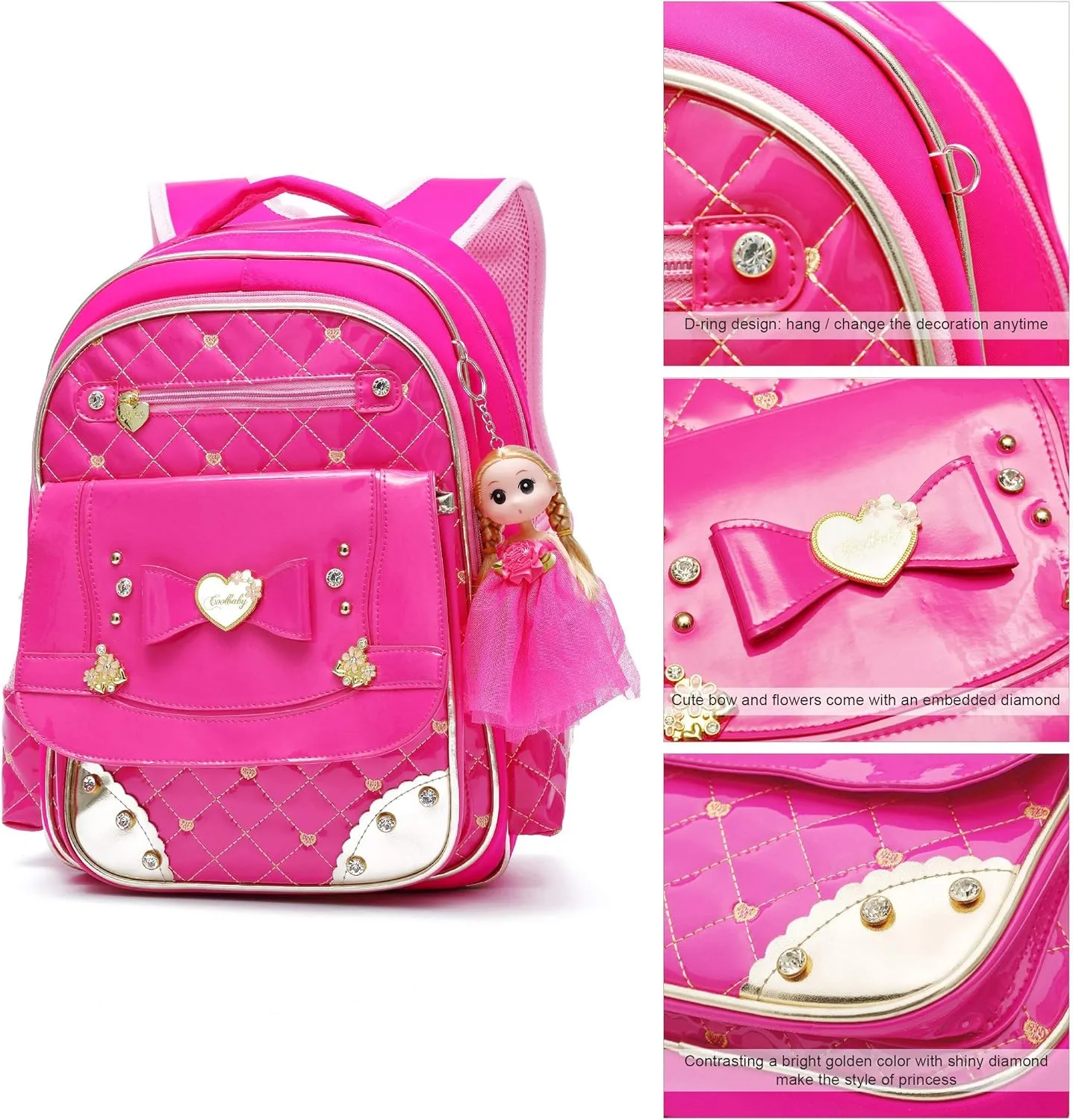 AO ALI VICTORY Backpack for Girls, Waterproof Kids Backpacks School Bag Toddler Bookbags Cute Travel Daypack (Large, A-Rose Red)