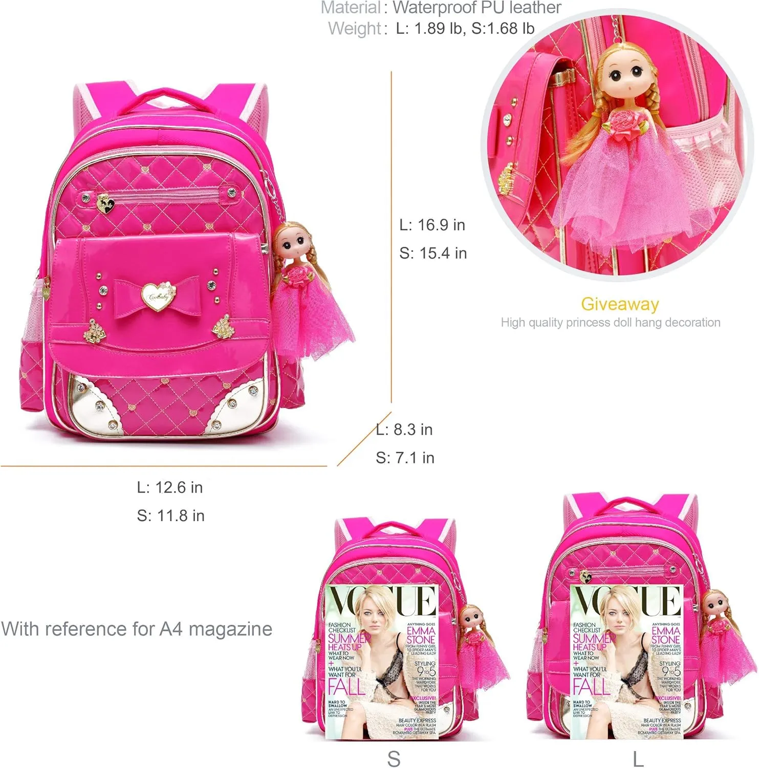 AO ALI VICTORY Backpack for Girls, Waterproof Kids Backpacks School Bag Toddler Bookbags Cute Travel Daypack (Large, A-Rose Red)