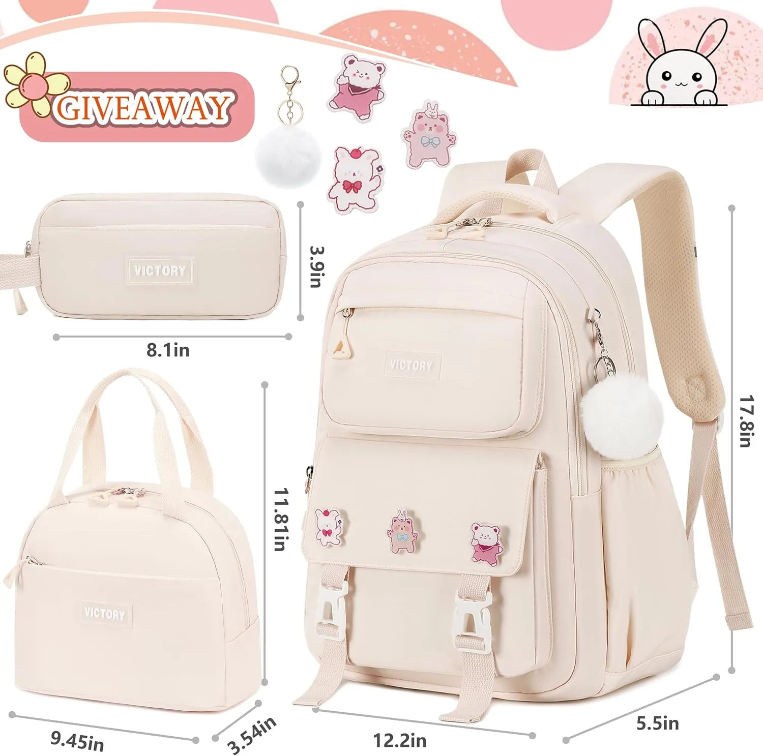 AO ALI VICTORY Backpack for Women Girls Set with Pencil Case 15.6 Inch Laptop School Bag Kids Elementary College Backpacks