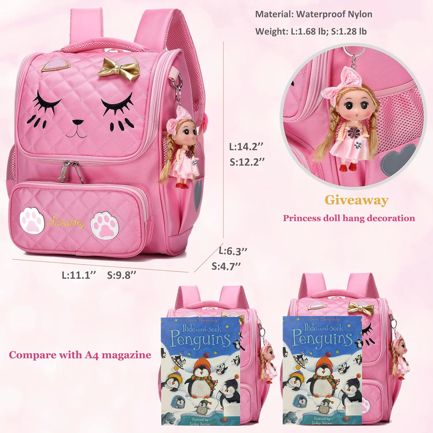 AO ALI VICTORY Girls Backpacks, Waterproof Cute Backpack for Kids Toddler Girl Preschool Bookbags Elementary School Bags
