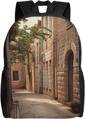 Architecture Streets Houses Print Backpack 16 Inch Lightweight Waterproof Travel Bags Casual Daypack For Women Men