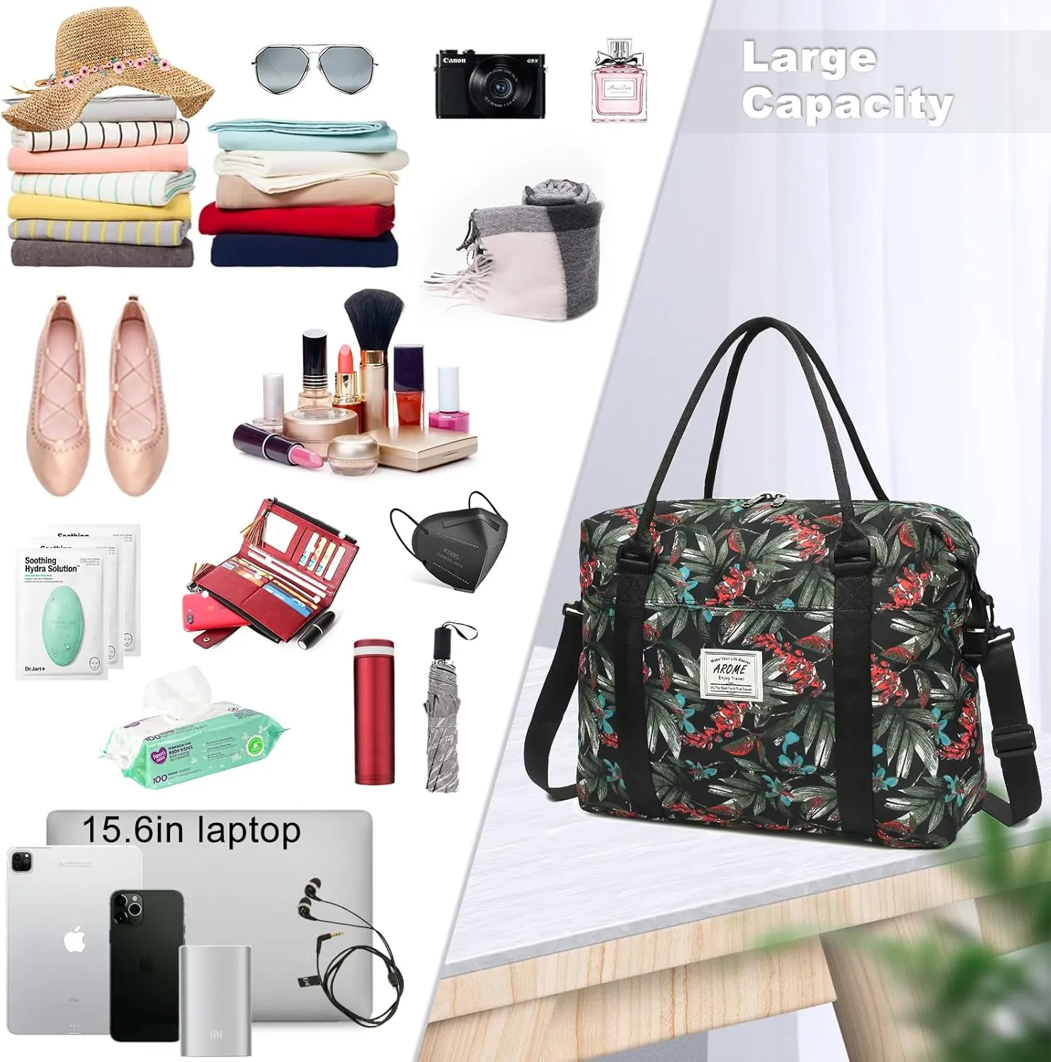 AROME Weekender Bags for Women, Travel Duffel Bag Overnight Weekend Bag Sports Gym Tote Bag with Wet Pocket & Flight Approved