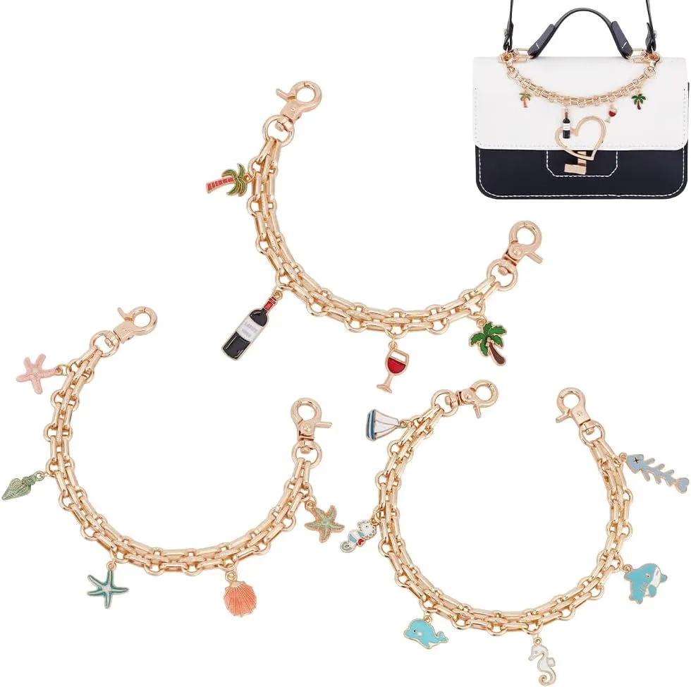 arricraft 3 Pcs Purse Chain Strap Replacement, 20.5cm-32.5cm/8"-12.7" Golden Curb Chains with Ocean Enamel Pendant Bag Extender Chains for Purse Handbag Wallet Crossbody Shoulder Bag