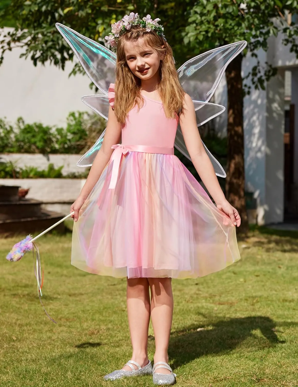 Arshiner Girls Dresses Summer One Shoulder Ruffle Sleeveless Formal Fancy Party Birthday Tulle Dress with Belted
