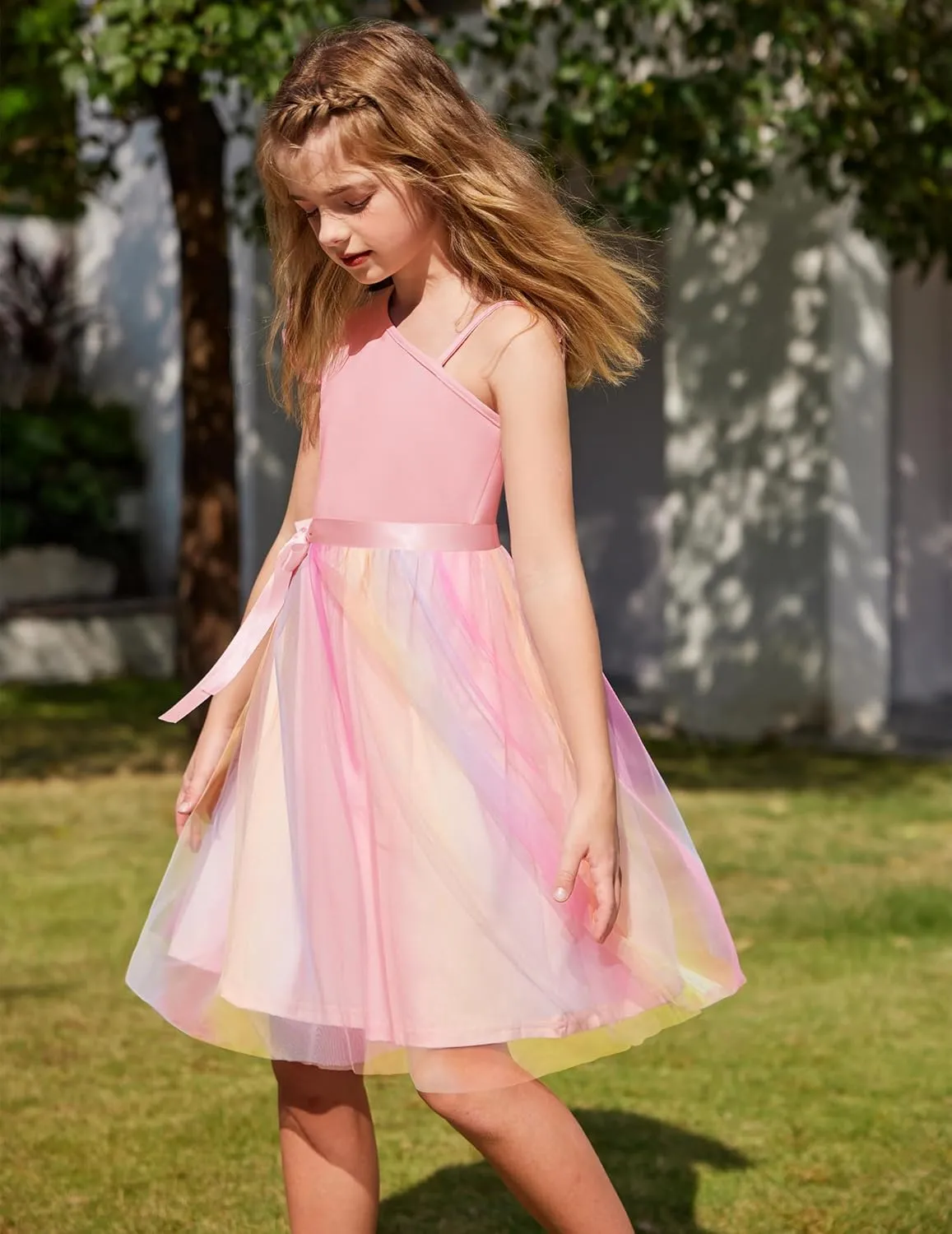 Arshiner Girls Dresses Summer One Shoulder Ruffle Sleeveless Formal Fancy Party Birthday Tulle Dress with Belted