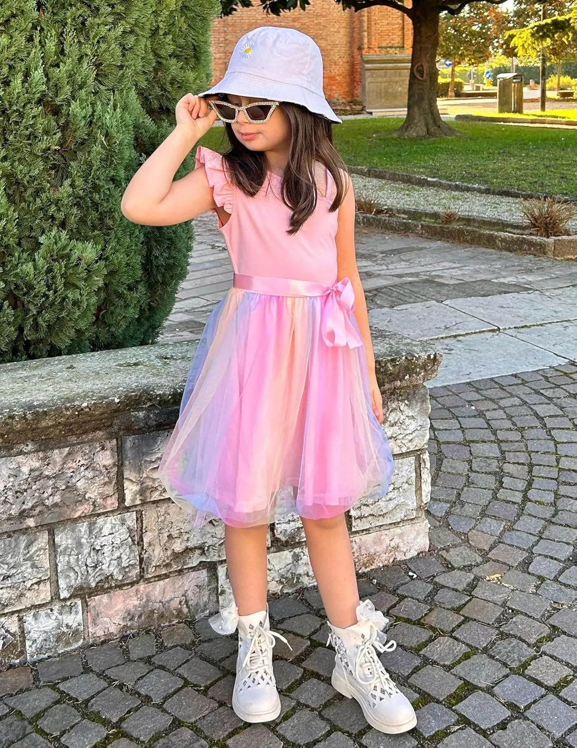Arshiner Girls Dresses Summer One Shoulder Ruffle Sleeveless Formal Fancy Party Birthday Tulle Dress with Belted