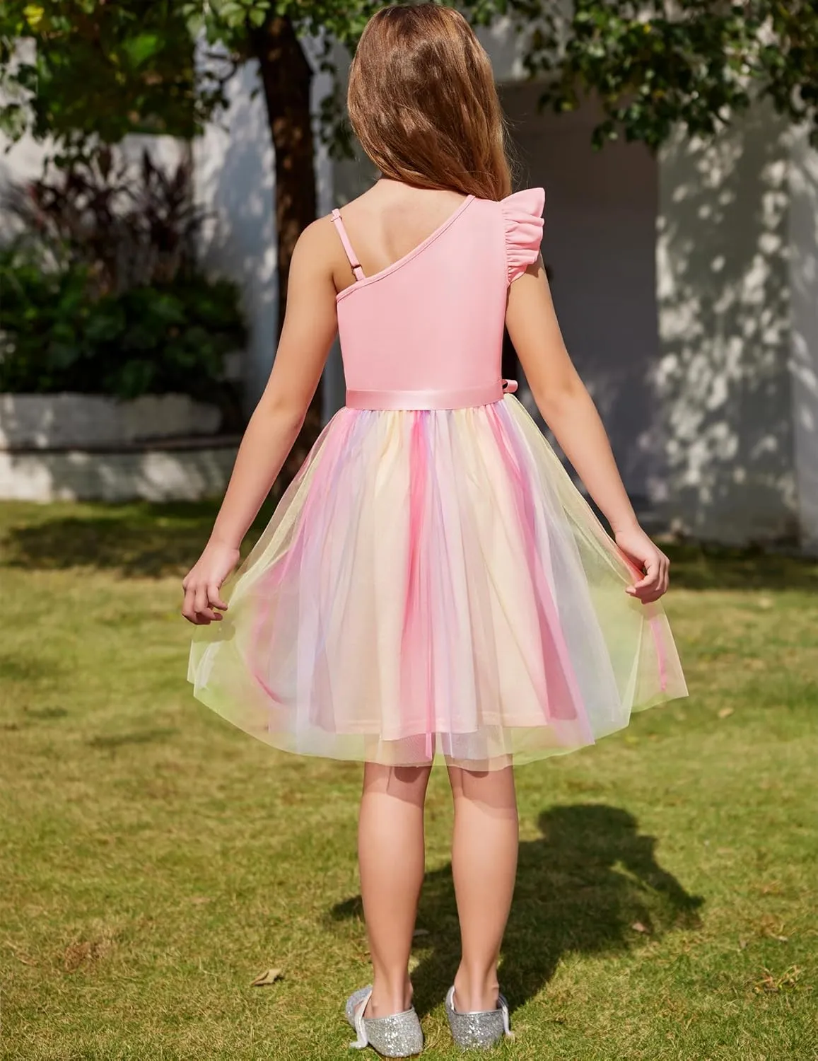 Arshiner Girls Dresses Summer One Shoulder Ruffle Sleeveless Formal Fancy Party Birthday Tulle Dress with Belted