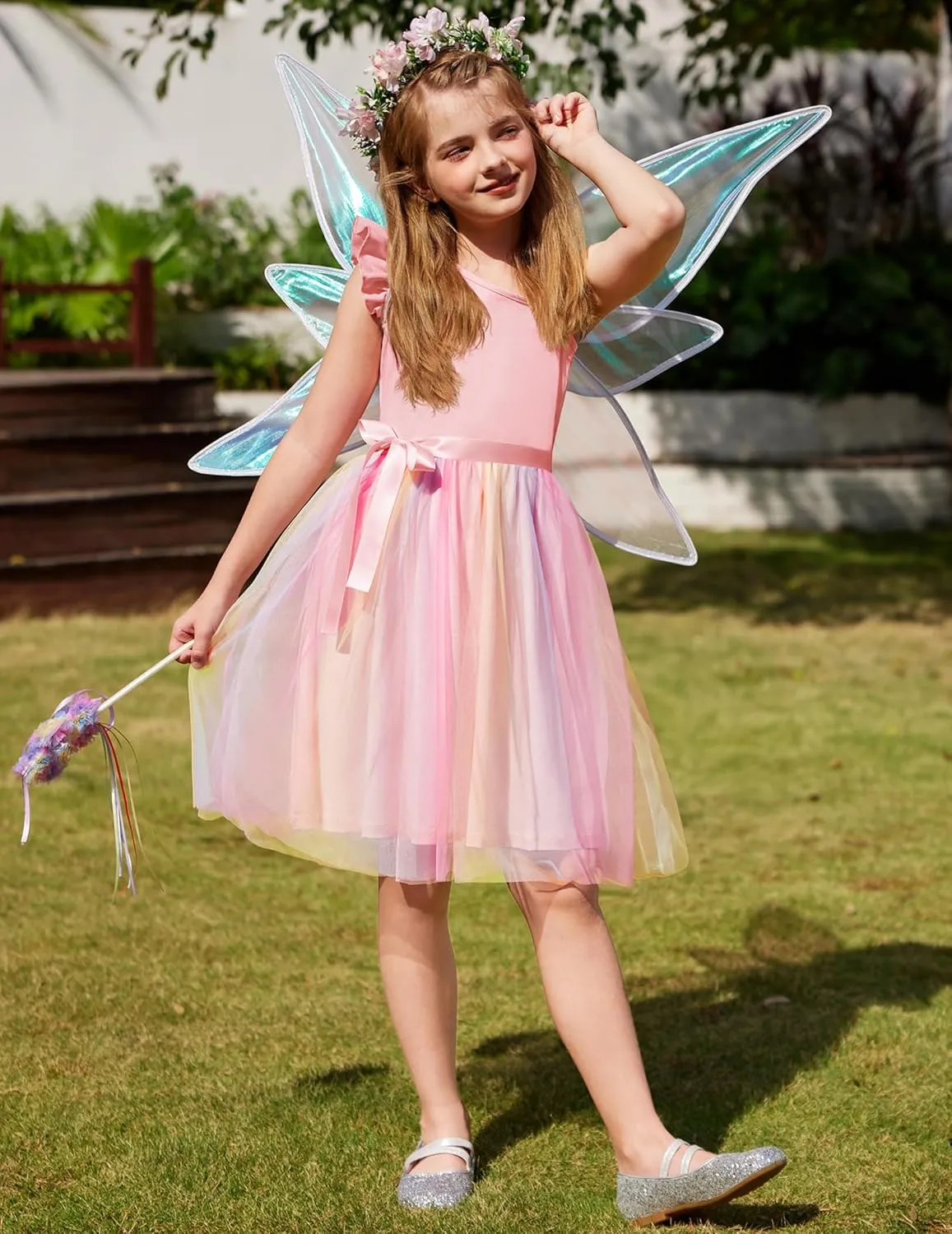Arshiner Girls Dresses Summer One Shoulder Ruffle Sleeveless Formal Fancy Party Birthday Tulle Dress with Belted
