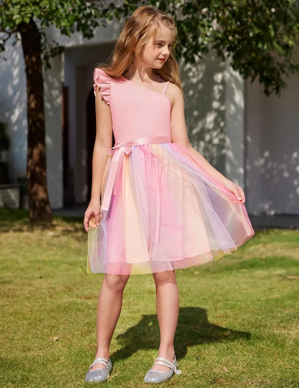 Arshiner Girls Dresses Summer One Shoulder Ruffle Sleeveless Formal Fancy Party Birthday Tulle Dress with Belted