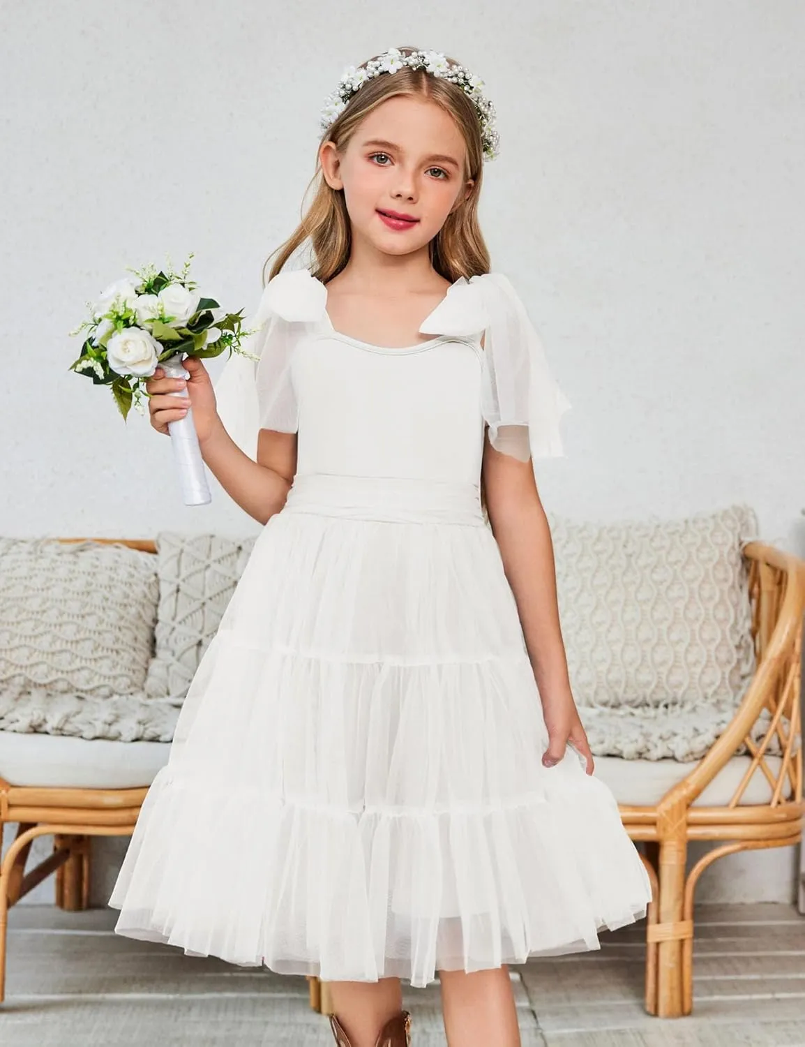 Arshiner Girls Dresses Summer Sleeveless Bow-Tie Straps Formal Fancy Party Birthday Tulle Dress