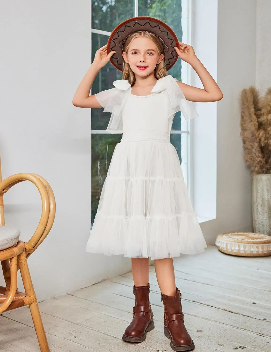 Arshiner Girls Dresses Summer Sleeveless Bow-Tie Straps Formal Fancy Party Birthday Tulle Dress