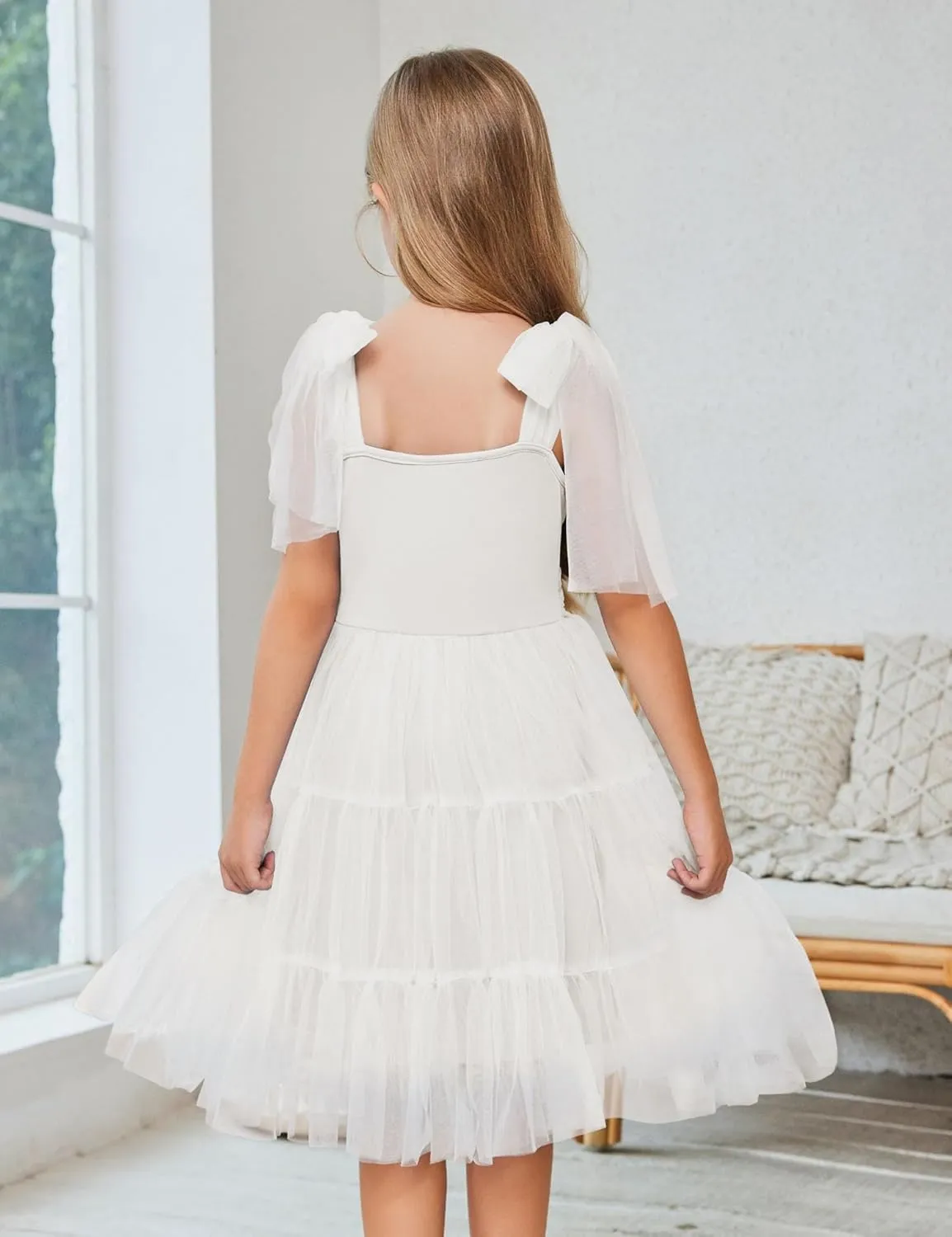 Arshiner Girls Dresses Summer Sleeveless Bow-Tie Straps Formal Fancy Party Birthday Tulle Dress