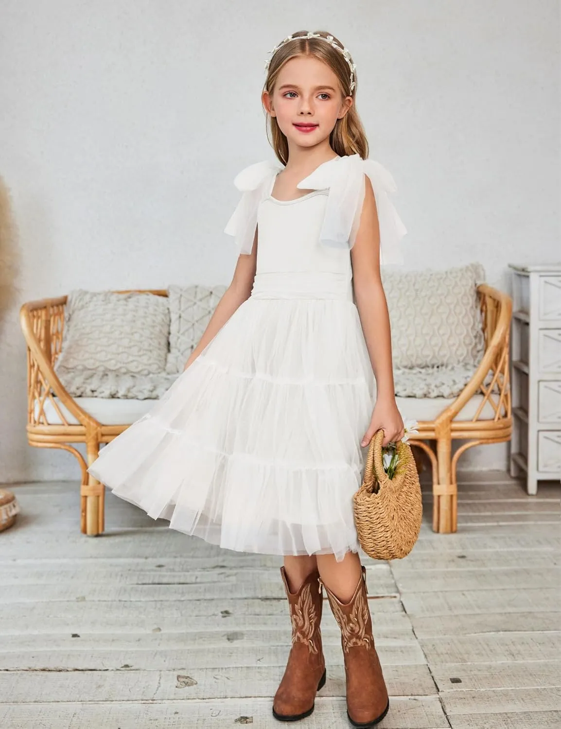 Arshiner Girls Dresses Summer Sleeveless Bow-Tie Straps Formal Fancy Party Birthday Tulle Dress