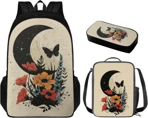 Art Flower Girls Backpacks Butterfly School Bags for Girls with Lunch Bag Moon Backpacks for Kids for School Backpacks for High School Students Lunch Box Insulated Pencil Box