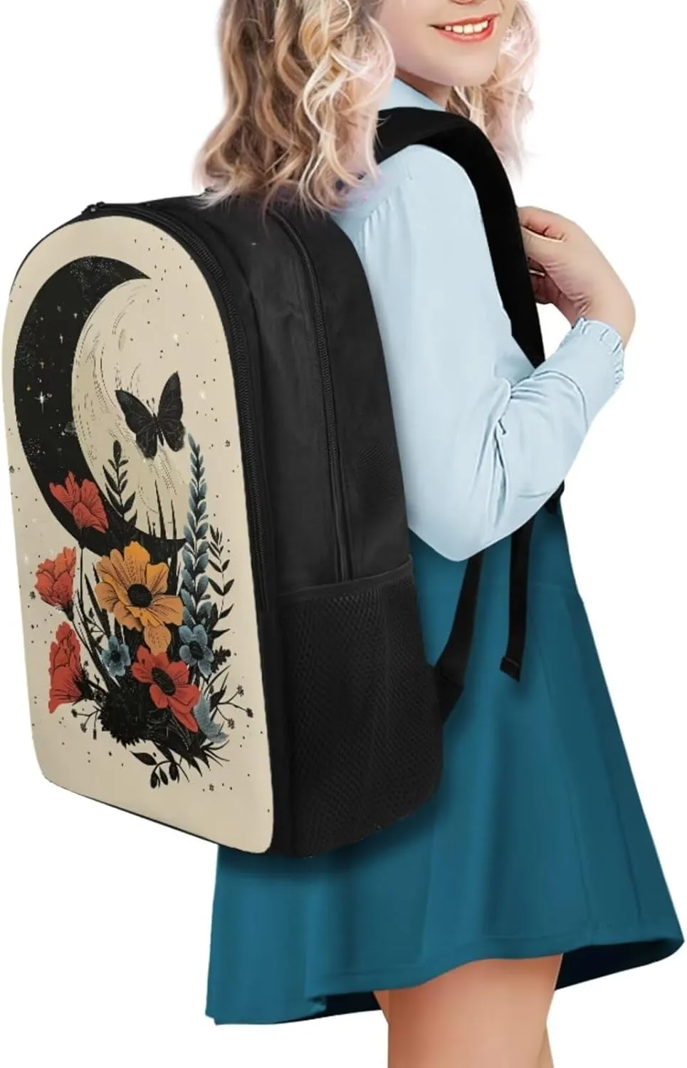 Art Flower Girls Backpacks Butterfly School Bags for Girls with Lunch Bag Moon Backpacks for Kids for School Backpacks for High School Students Lunch Box Insulated Pencil Box
