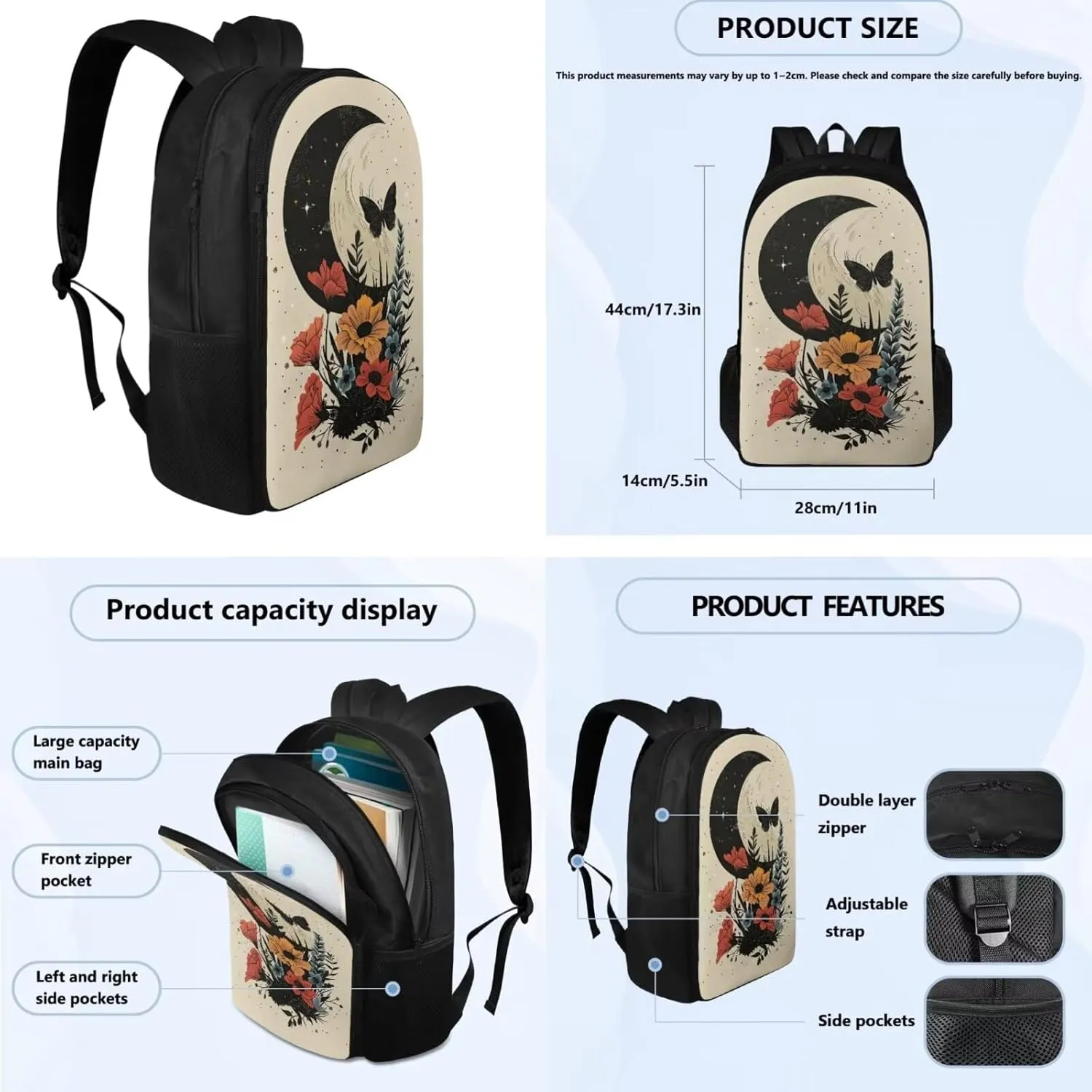 Art Flower Girls Backpacks Butterfly School Bags for Girls with Lunch Bag Moon Backpacks for Kids for School Backpacks for High School Students Lunch Box Insulated Pencil Box