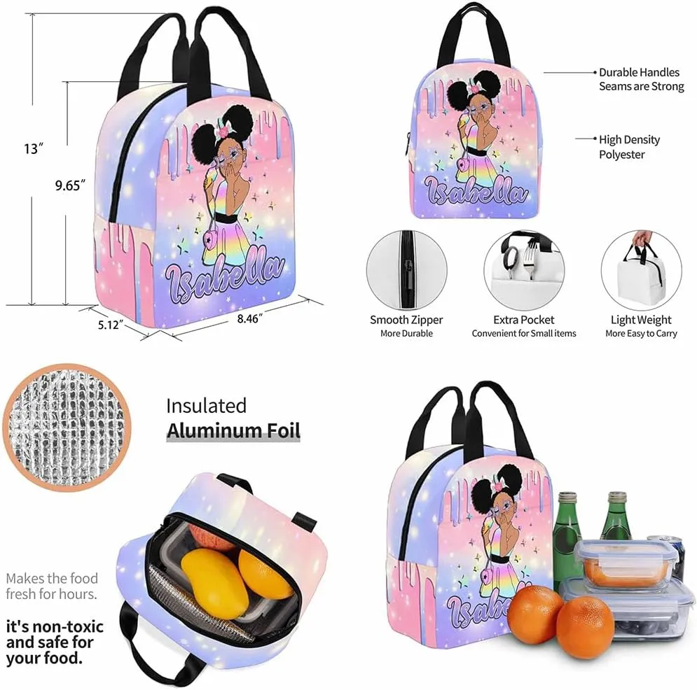 Artsadd Custom Name School Bag for Niece, Nephew, Customized Purple and Pink Shoulder Bag Backpack for Boys Girls Students Personalized Zipper Book-bags with Lunch Bag Set