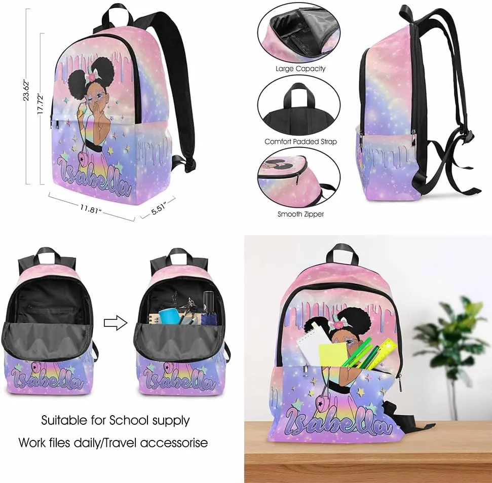 Artsadd Custom Name School Bag for Niece, Nephew, Customized Purple and Pink Shoulder Bag Backpack for Boys Girls Students Personalized Zipper Book-bags with Lunch Bag Set