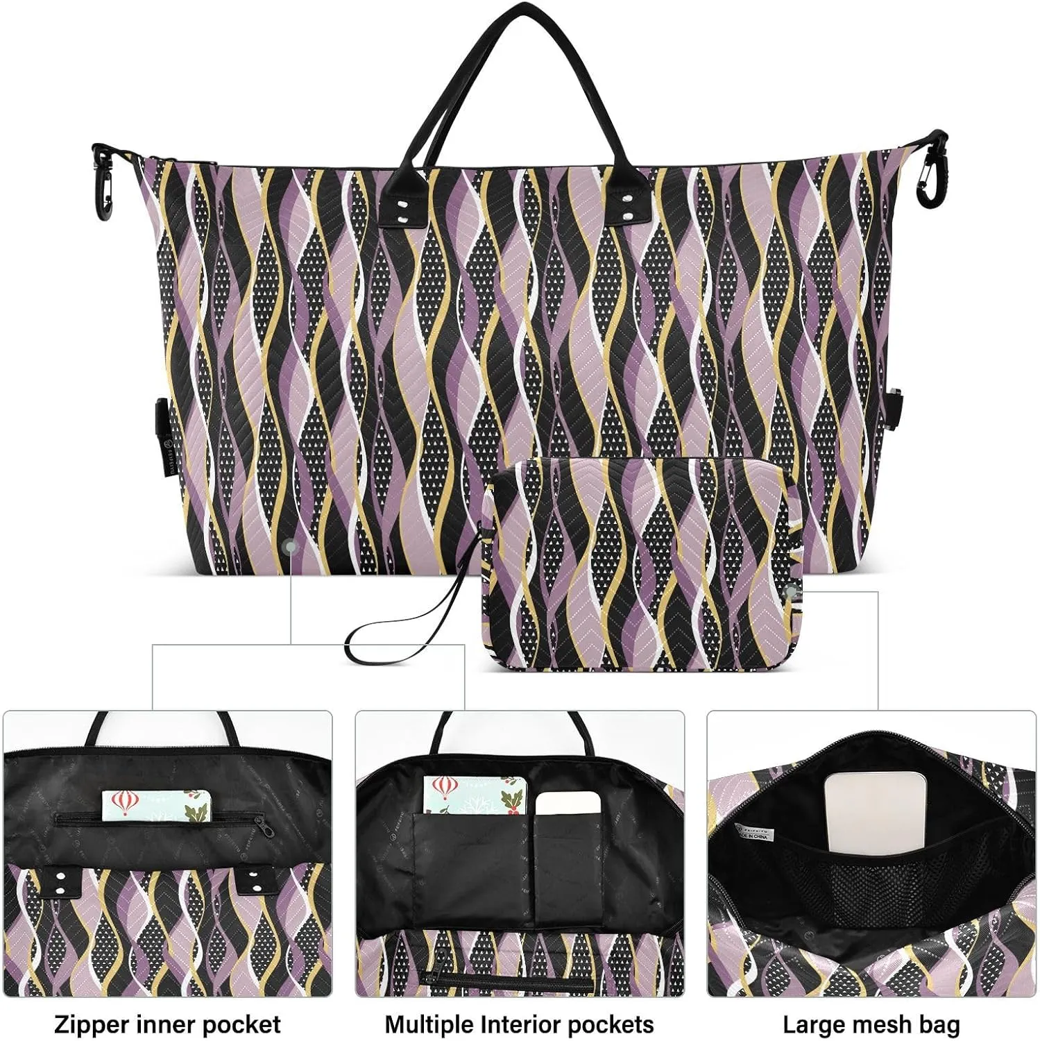 Aslsiy Travel Duffel Bags for Women Abstract Striped Sports Duffel Bags Wavy with Mutilcolor Weekender Bags Gym Bag with Toiletry Bag Carry on Overnight Bag