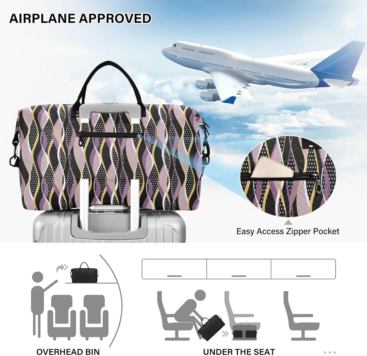 Aslsiy Travel Duffel Bags for Women Abstract Striped Sports Duffel Bags Wavy with Mutilcolor Weekender Bags Gym Bag with Toiletry Bag Carry on Overnight Bag
