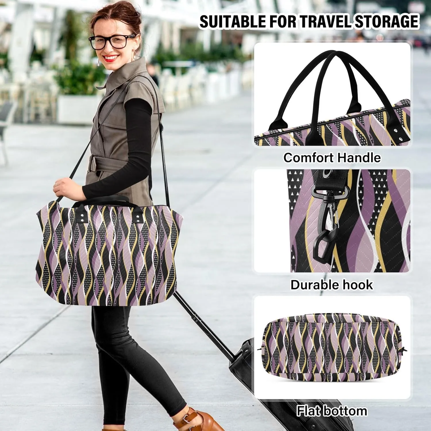 Aslsiy Travel Duffel Bags for Women Abstract Striped Sports Duffel Bags Wavy with Mutilcolor Weekender Bags Gym Bag with Toiletry Bag Carry on Overnight Bag