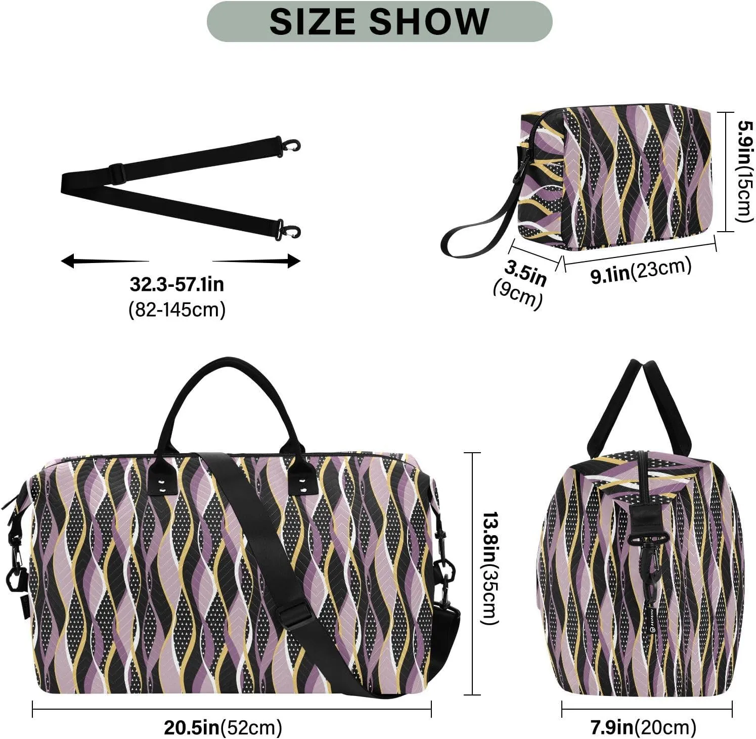 Aslsiy Travel Duffel Bags for Women Abstract Striped Sports Duffel Bags Wavy with Mutilcolor Weekender Bags Gym Bag with Toiletry Bag Carry on Overnight Bag