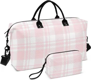 Aslsiy Travel Duffel Bags for Women Pink Glen Plaid Pattern Sports Duffel Bags Weekender Bags Gym Bag with Toiletry Bag Carry on Overnight Bag