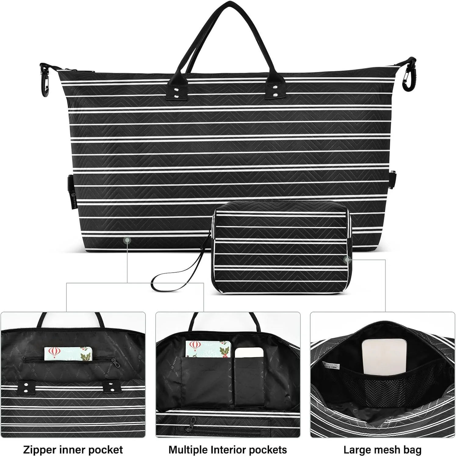 Aslsiy Travel Duffel Bags for Women Retro Black Straight Line Sports Duffel Bags Weekender Bags Gym Bag with Toiletry Bag Carry on Overnight Bag