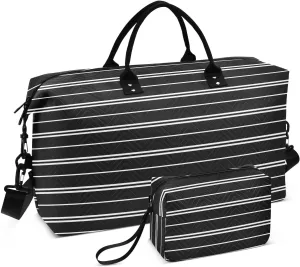 Aslsiy Travel Duffel Bags for Women Retro Black Straight Line Sports Duffel Bags Weekender Bags Gym Bag with Toiletry Bag Carry on Overnight Bag