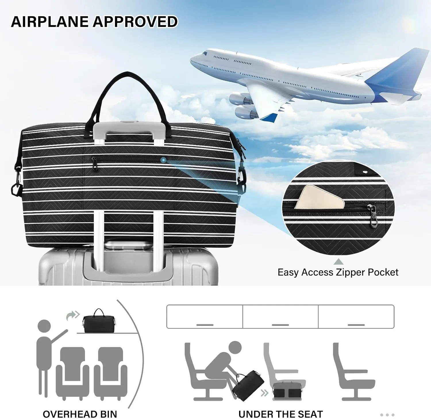 Aslsiy Travel Duffel Bags for Women Retro Black Straight Line Sports Duffel Bags Weekender Bags Gym Bag with Toiletry Bag Carry on Overnight Bag
