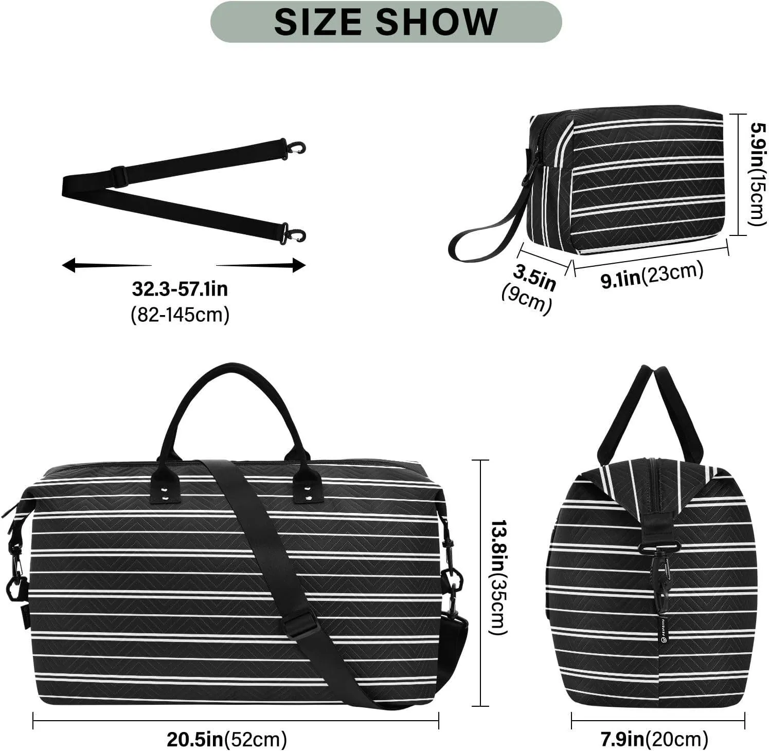 Aslsiy Travel Duffel Bags for Women Retro Black Straight Line Sports Duffel Bags Weekender Bags Gym Bag with Toiletry Bag Carry on Overnight Bag