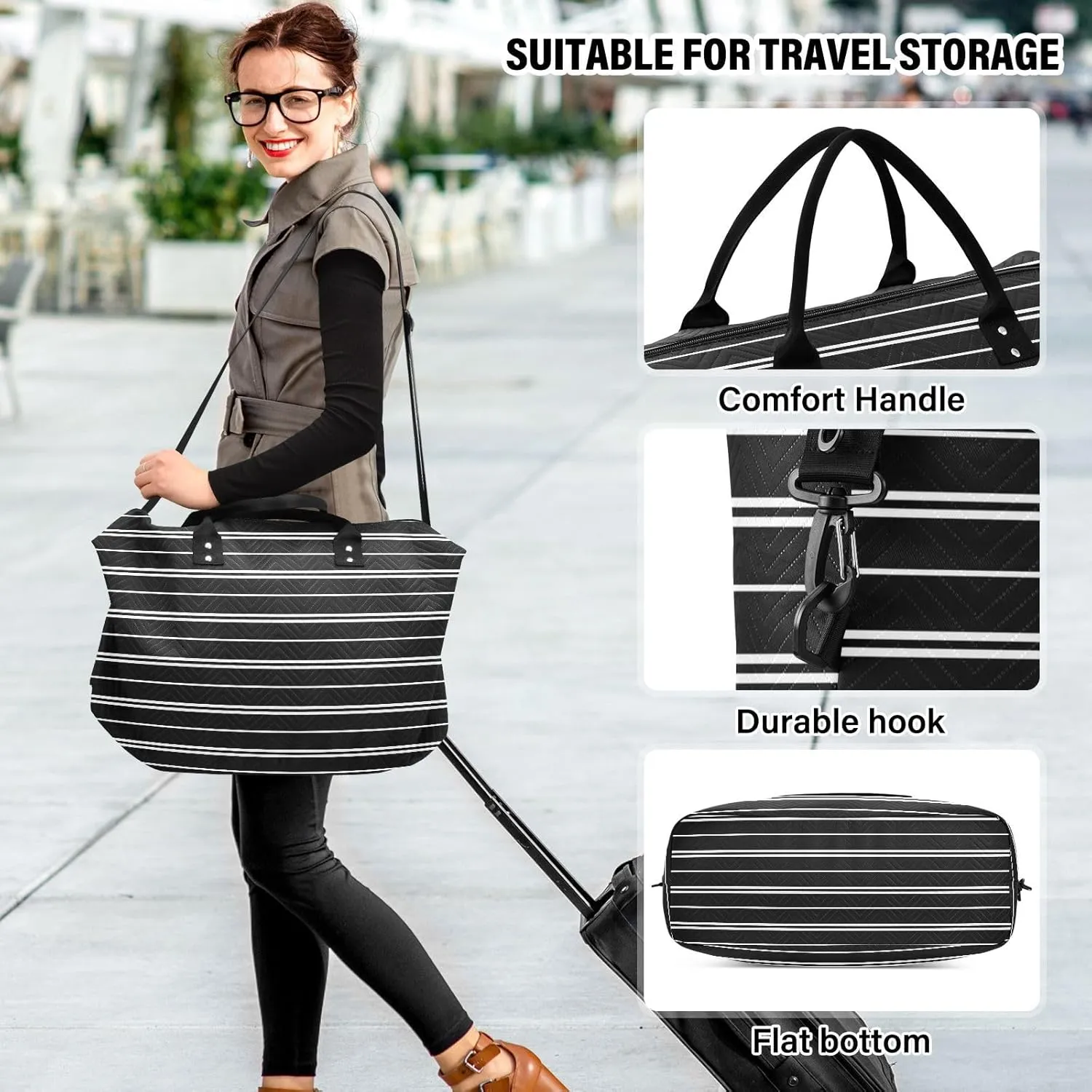 Aslsiy Travel Duffel Bags for Women Retro Black Straight Line Sports Duffel Bags Weekender Bags Gym Bag with Toiletry Bag Carry on Overnight Bag
