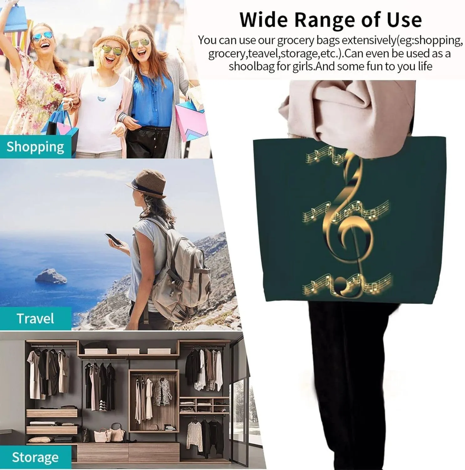 ASYG Music Tote Shoulder Bag Music Notes Bags Storage Handle Shopping Bag Portable Concert Bag