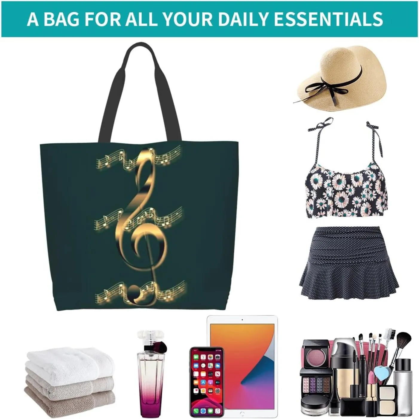 ASYG Music Tote Shoulder Bag Music Notes Bags Storage Handle Shopping Bag Portable Concert Bag