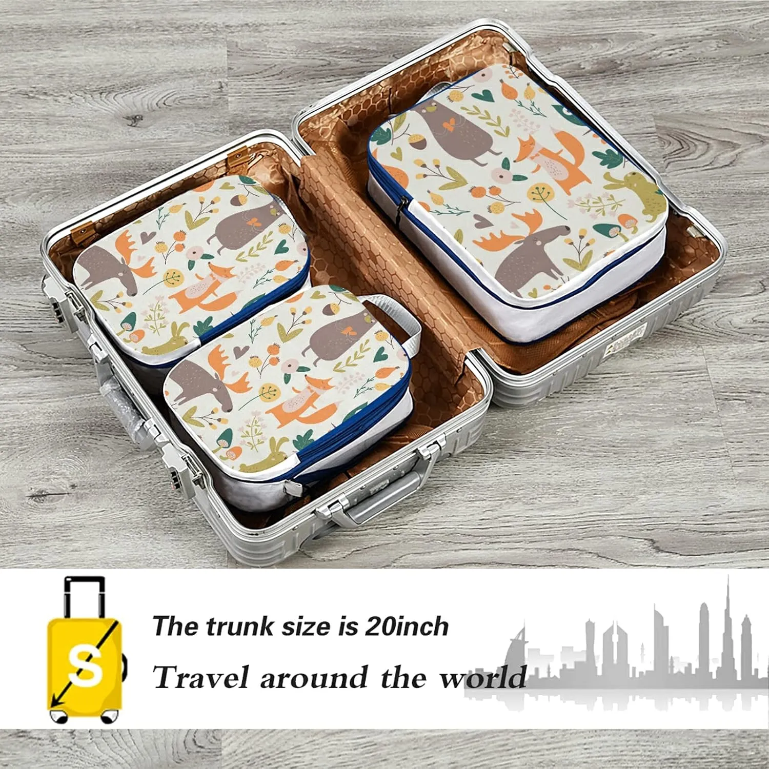 Autumn Forest with Bear Hare Squirrel Elk Owl Foxes Flowers 3 Set Packing Cubes, Waterproof Check Oxford cloth Organizers, Travel Packing Toiletry Storage Bag