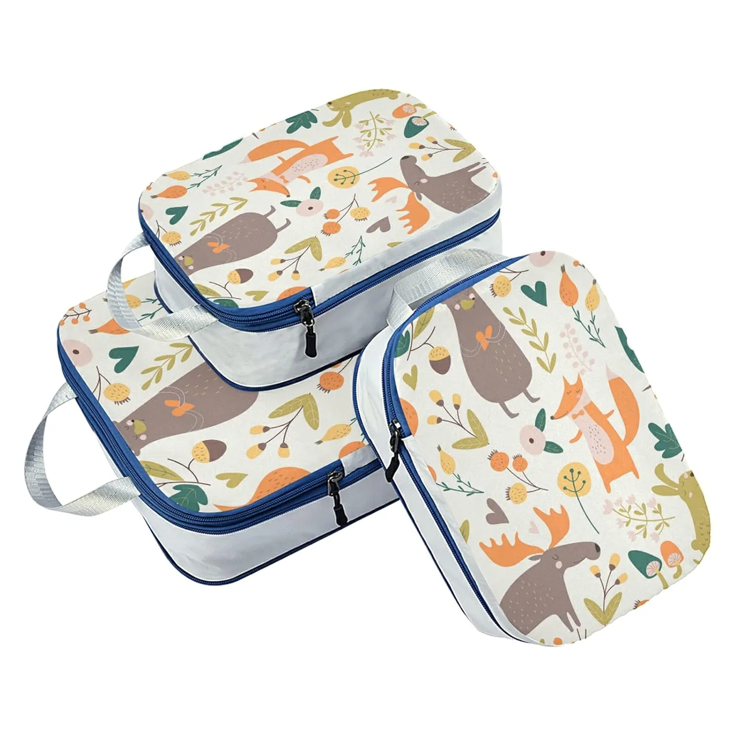 Autumn Forest with Bear Hare Squirrel Elk Owl Foxes Flowers 3 Set Packing Cubes, Waterproof Check Oxford cloth Organizers, Travel Packing Toiletry Storage Bag