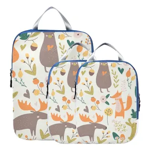 Autumn Forest with Bear Hare Squirrel Elk Owl Foxes Flowers 3 Set Packing Cubes, Waterproof Check Oxford cloth Organizers, Travel Packing Toiletry Storage Bag