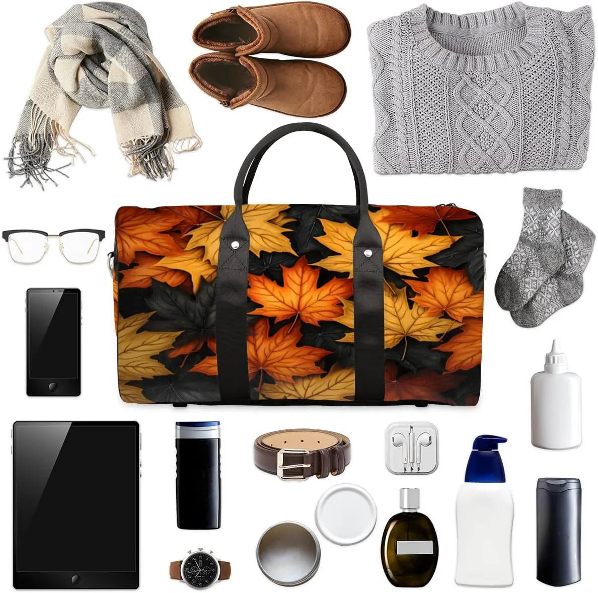 Autumn Leaf Maple Leaves Fall Travel Duffle Bag, Sports Gym Bags for Women Men, Carry On Weekender Overnight Workout Airplane Trips Bag