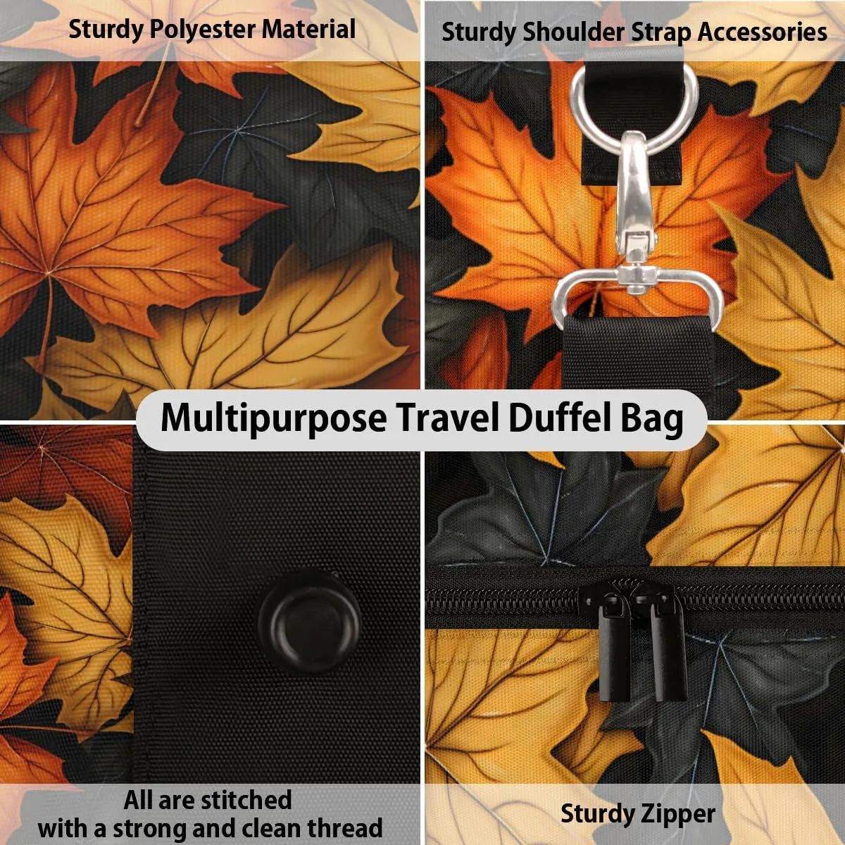 Autumn Leaf Maple Leaves Fall Travel Duffle Bag, Sports Gym Bags for Women Men, Carry On Weekender Overnight Workout Airplane Trips Bag