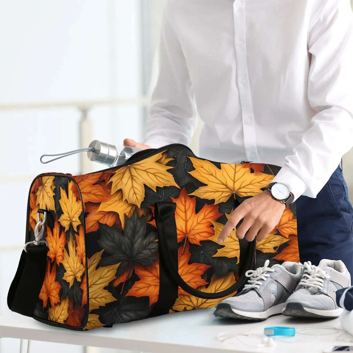 Autumn Leaf Maple Leaves Fall Travel Duffle Bag, Sports Gym Bags for Women Men, Carry On Weekender Overnight Workout Airplane Trips Bag
