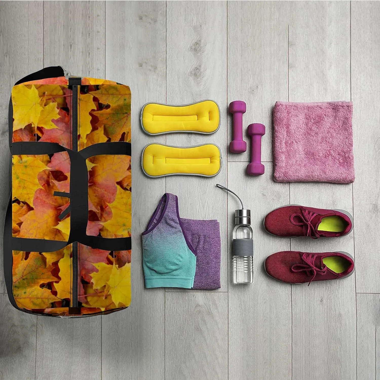 Autumn Leaves Sports Duffel Bag Travel Gym Tote Bags Lightweight Durable Shoulder Strap Waterproof Polyester Outside Mesh Pocket Overnight Trip Duffel Bag for Women Men