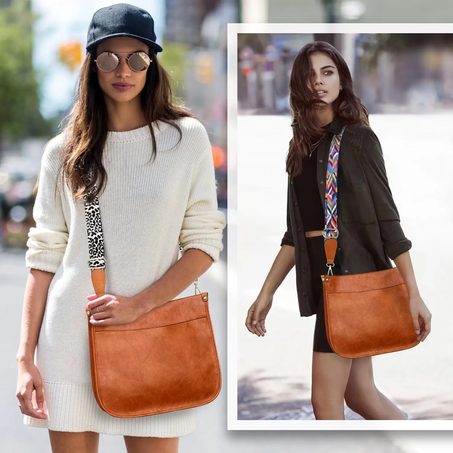 AUYOCO Vegan Leather Crossbody Bags for Women, Crossbody Purse with Guitar Strap Zipped Pockets Handbag Shoulder Bag