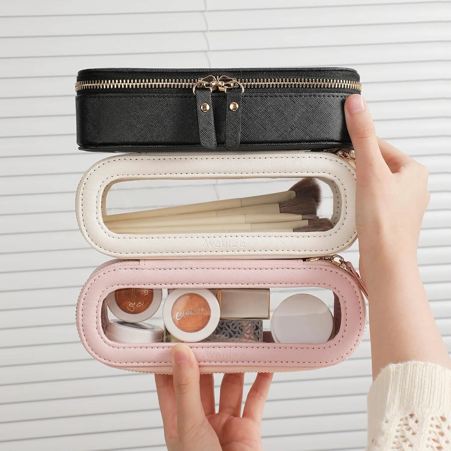 Aveniee Slim Clear Makeup Brush Bag, Small Cosmetic Brush Holder, Mini Toiletry Bag Travel Case for Women, Thin Make up Bags with Dual Zipper, Cute Travel Essentials Bag Organize - Pink