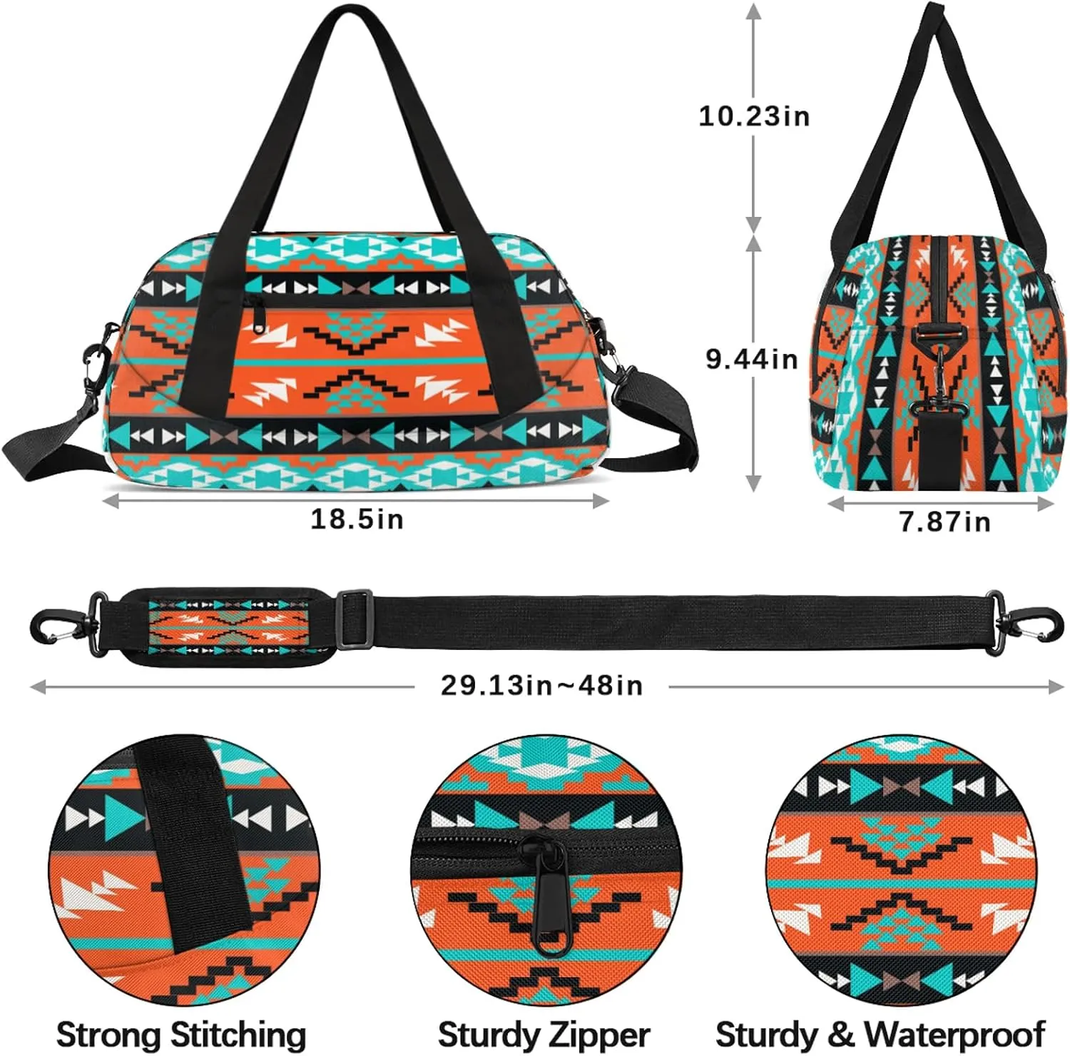 Aztec Pattern Kids Duffel Bag Lightweight Waterproof Sports Gym Bag with Front Zipper Pocket Foldable Weekender Overnight Bag for School Practice Gymnastic Ballet