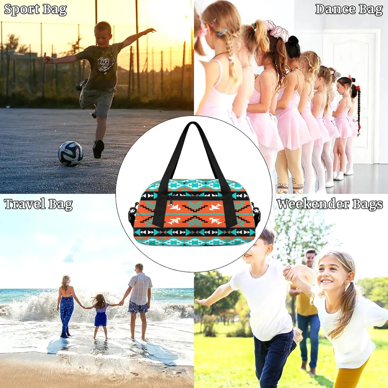 Aztec Pattern Kids Duffel Bag Lightweight Waterproof Sports Gym Bag with Front Zipper Pocket Foldable Weekender Overnight Bag for School Practice Gymnastic Ballet