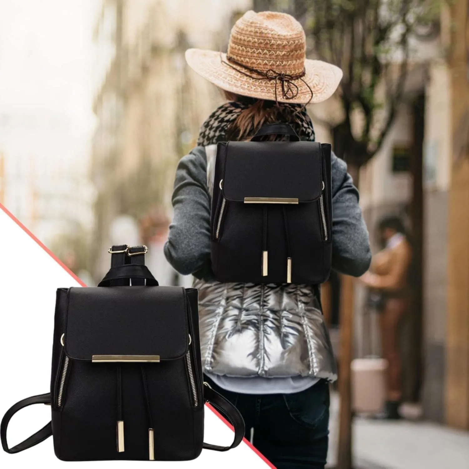 Back To School Backpacks Leisure Flip Backpack Bag PU Leather Shoulder Bag School Travel Backpack (Black, One Size)