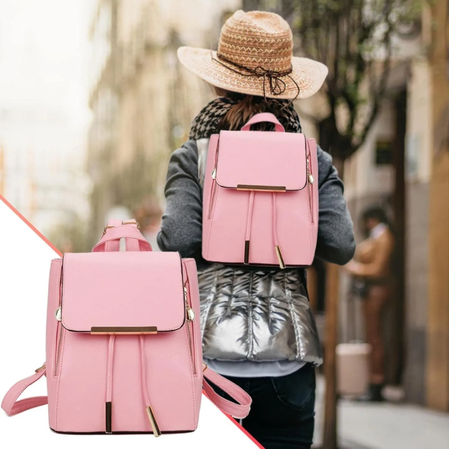 Back To School Backpacks Leisure Flip Backpack Bag PU Leather Shoulder Bag School Travel Backpack (Red, One Size)