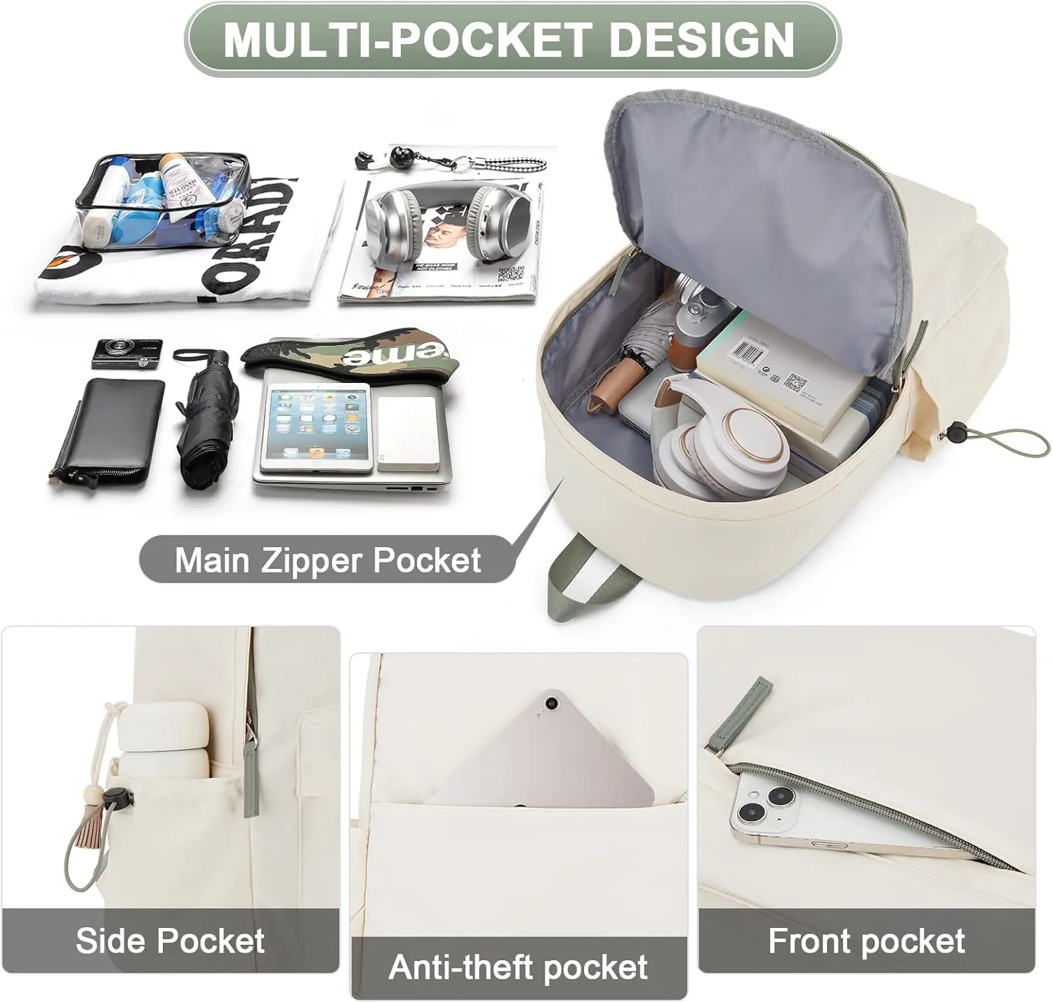 Backpack Lightweight bag Waterproof college backpack for cute Aesthetic backpack Casual Daypack for Men Women(Beige Green)