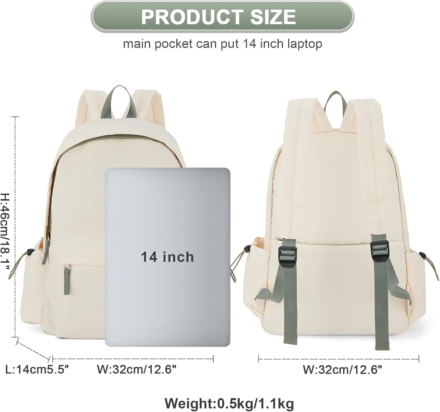 Backpack Lightweight bag Waterproof college backpack for cute Aesthetic backpack Casual Daypack for Men Women(Beige Green)